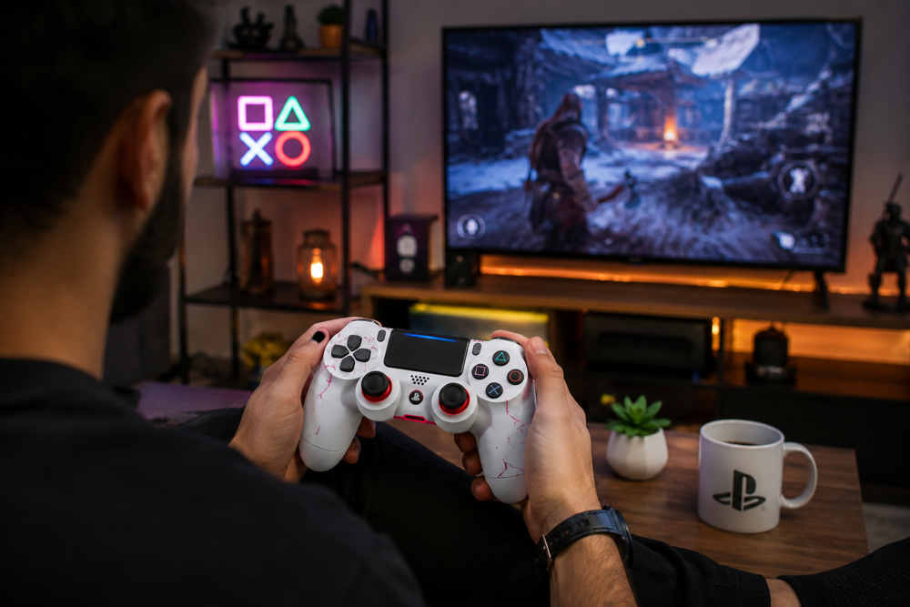 طرح دسته بازی PS4 سفیدفانتزی در محیط خانگی